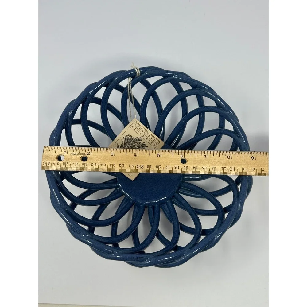 Vintage NEW Blue Eucalyptus Stoneware Woven Bread Warming Basket Made In USA